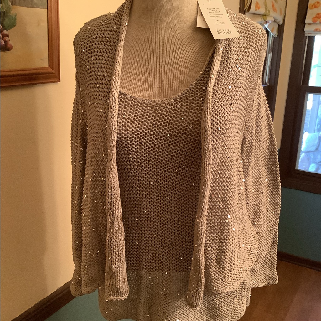 Eileen Fisher Gray Sequined Chain Mail Knit Tank M With Matching Cardigan L